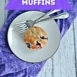Pin Image: Title, a plate with a muffin on it and two forks.