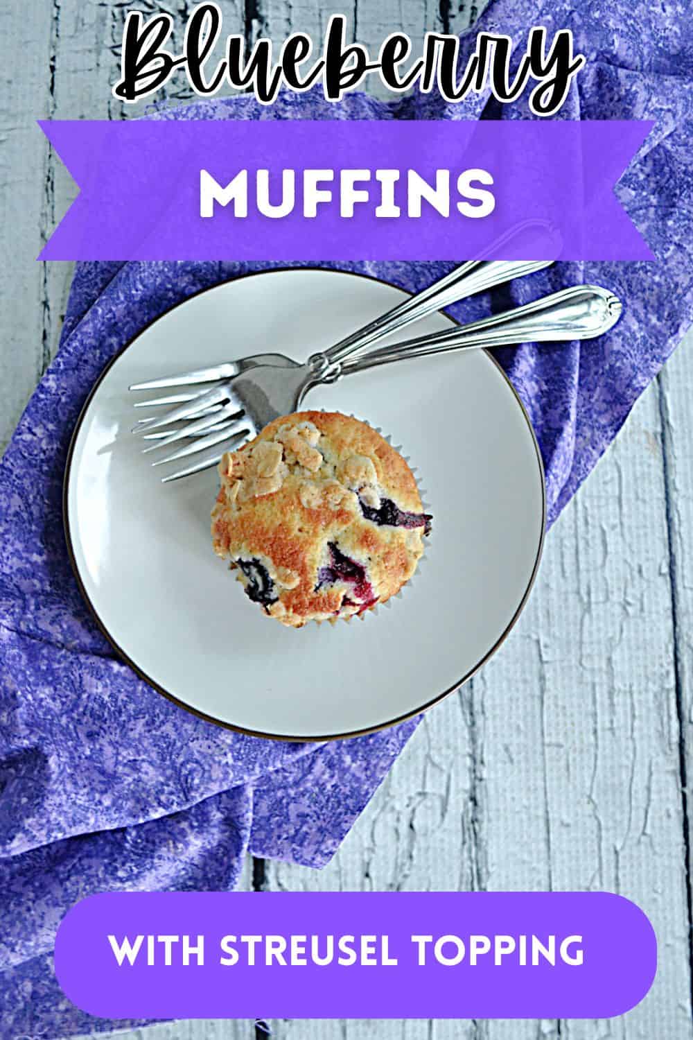 Pin Image: Title, a plate with a muffin on it and two forks.