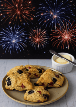 A plate of scones with a bowl of butter.