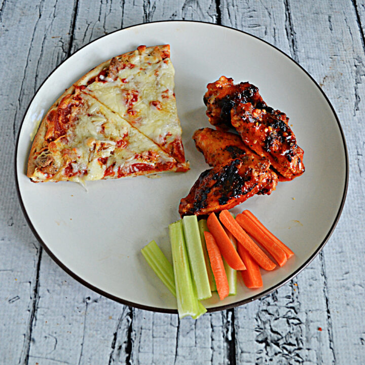 A plate with 2 slices of pizza, three grilled wings in hot sauce, and a handful of carrot and celery sticks.