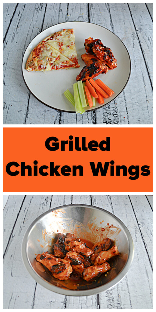 Pinterest Collage: A plate with 2 slices of pizza, three grilled wings in hot sauce, and a handful of carrot and celery sticks, text title, A bowl of crispy grilled wings tossed with hot sauce.