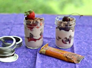 Chocolate Covered Strawberry and Chocolate Covered Cherry Parfaits in jars: A great grab and go snack!