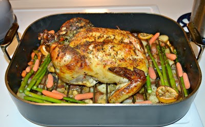 Oven roasted chicken with potatoes a vegetables for #SundaySupper from Hezzi-D's Books and Cooks