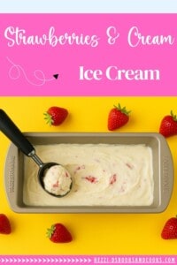 Pin Image: Text title, a pan of ice cream with an ice cream scoop in it.