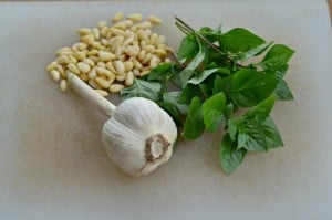 Getting ready to make pesto with basil from the garden, garlic from my CSA, and pine nuts