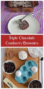 Pin Image: A plate with a chocolate cranberry brownie and two forks on it with the pan of brownies behind it, text, a cutting board with a cup of flour, a cup of sugar, a cup of dried cranberries, a stick of butter, a cup of chocolate chips, and two eggs on it.