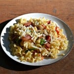 Pasta with mushrooms, bacon, and corn