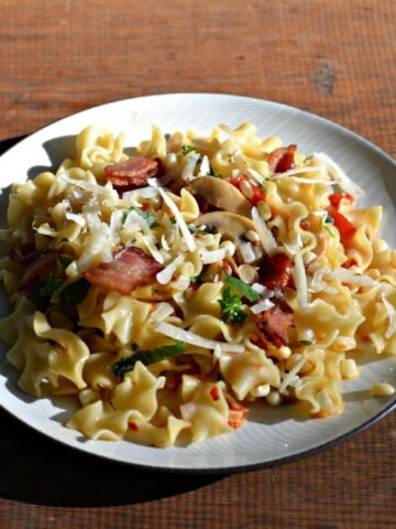 Pasta with mushrooms, bacon, and corn