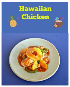 Pin Image: Text overlay with pineapple and a tiki drink, a plate piled with chicken, peppers, and red sweet and sour sauce with a pineapple ring on top on a blue background.