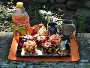 Host a fall party with Chocolate DIpped M&M's covered apples and Hot Mott's Apple Cider