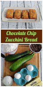 Pin Image: A platter with 4 mini loaves of chocolate chip zucchini bread, text, a cutting board with 2 zucchini, a bowl of chocolate chips, a cup of sugar, a stick of butter, a tray of eggs, and a cup of flour on it.