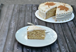 Cinnamon Spice Cake with Caramel Frosting and cinnamon leaf decorations
