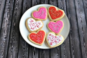Heart shaped sugar cookies with icing and sprinkles!