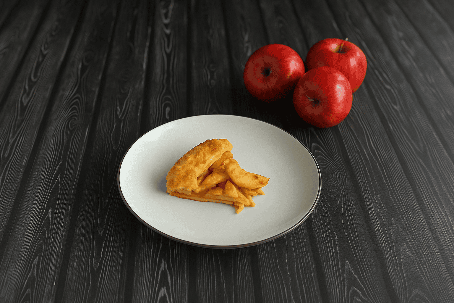 A plate with a slice of Apple pie with 3 apples in the background.