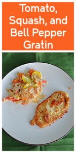Pin Image: Text title, a plate with a piece of chicken and a scoop of tomato gratin.