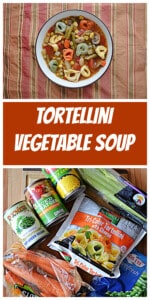 Pin Image: A bowl of vegetable tortellini soup, text title, a cutting board with the soup ingredients on it.