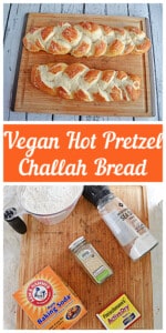Pin Image: Two baked Vegan Challah braided breads, text title, all of the ingredients to make the bread.