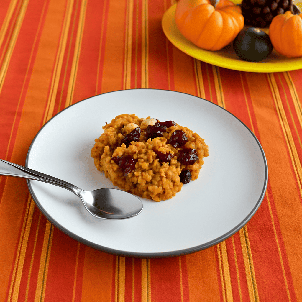 A plate with a baked pumpkin oatmeal square and a spoon, with a plate of pumpkins behind it.