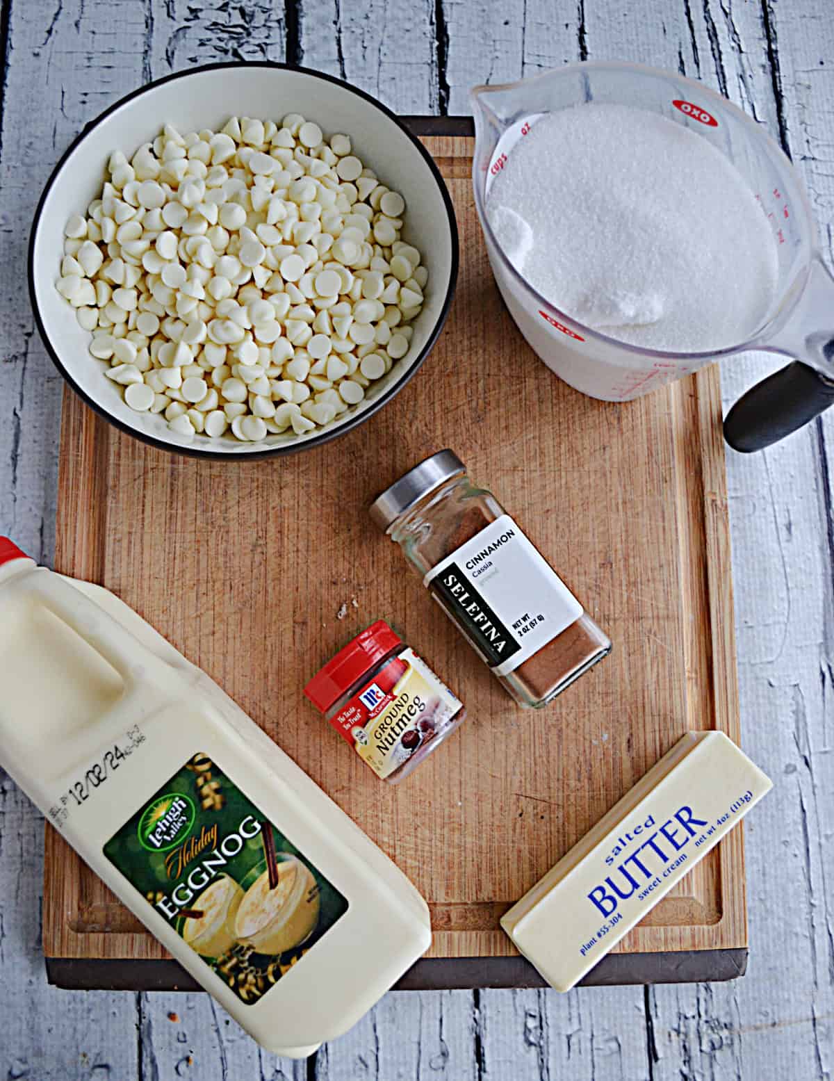 Ingredients for making Eggnog Fudge.