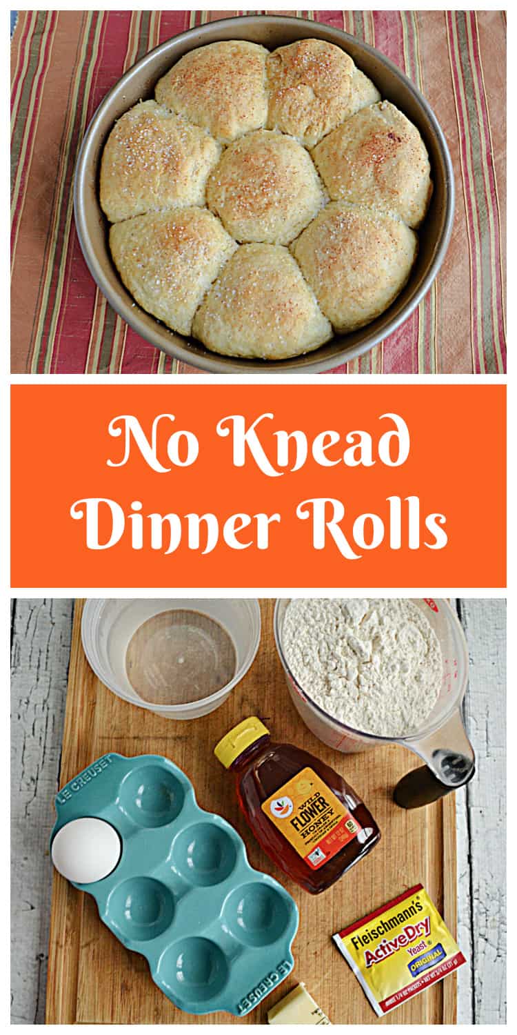 Pin Image:  A pan of golden brown dinner rolls, text title, a cutting board of ingredients.