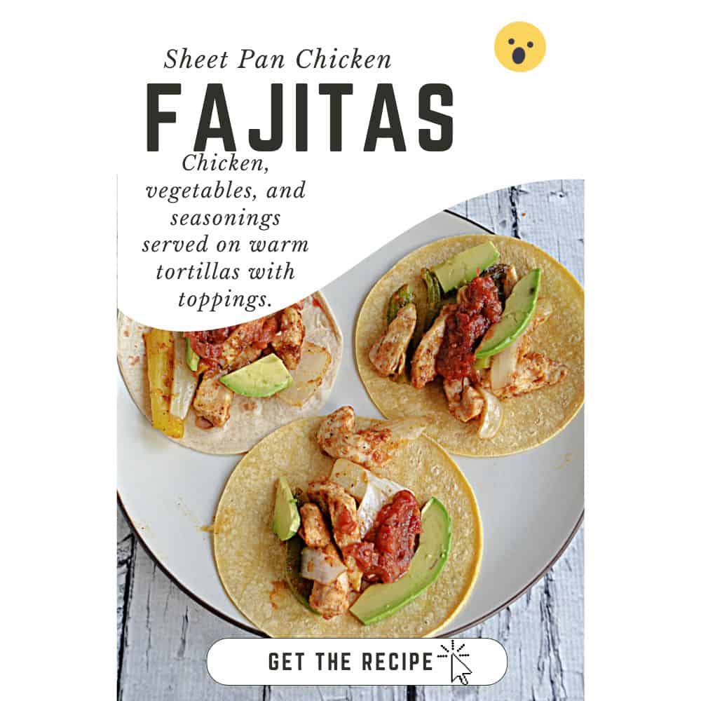Pin Image: Title and description, a plate of chicken fajitas.
