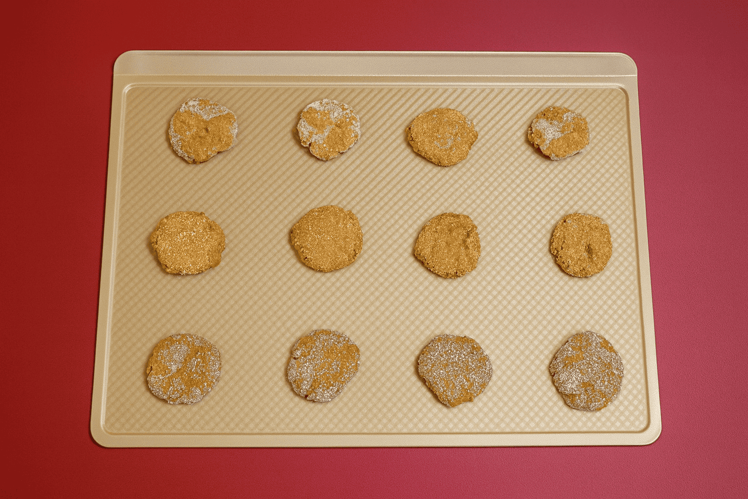 A baking sheet with cookie dough balls on it.