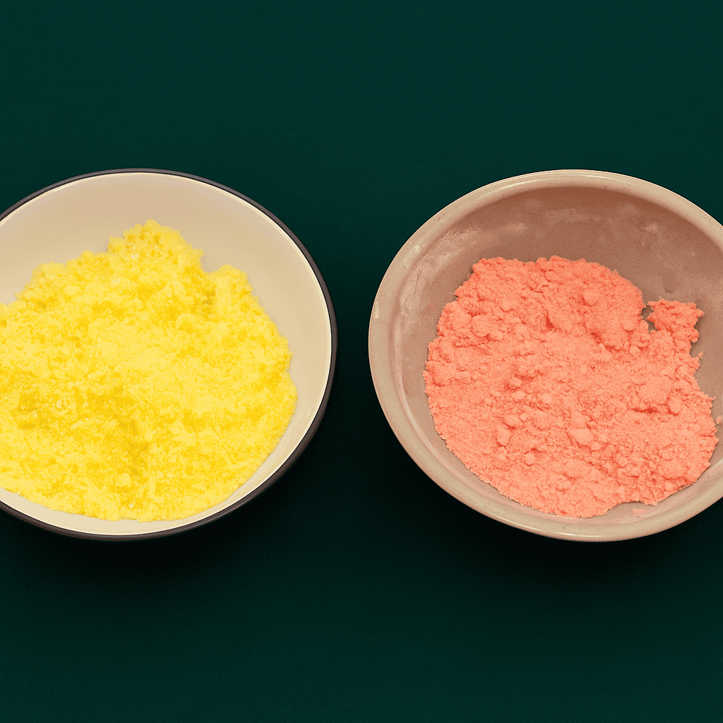A bowl of yellow powder and a bowl of pink powder.