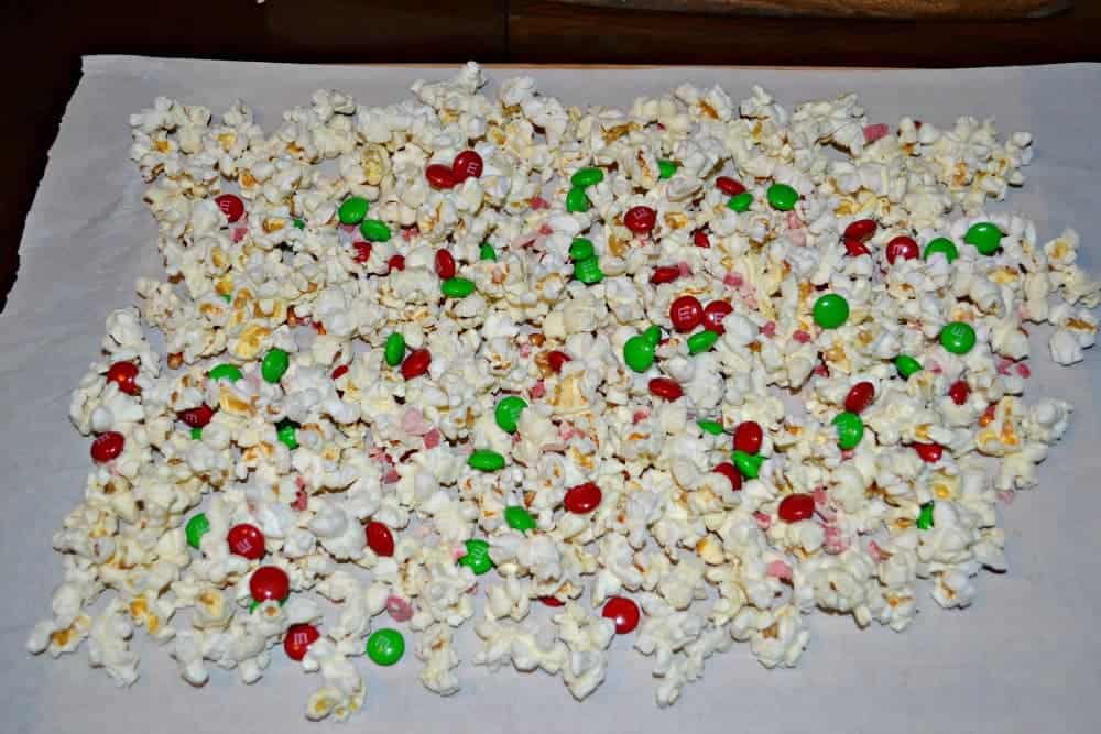 Christmas Popcorn made with M&M's and peppermint chips