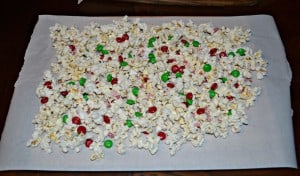 Christmas Popcorn with red and green chocolate, M&M's, and peppermint chips