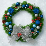 A wreath with black and silver decorations and a silver bow.