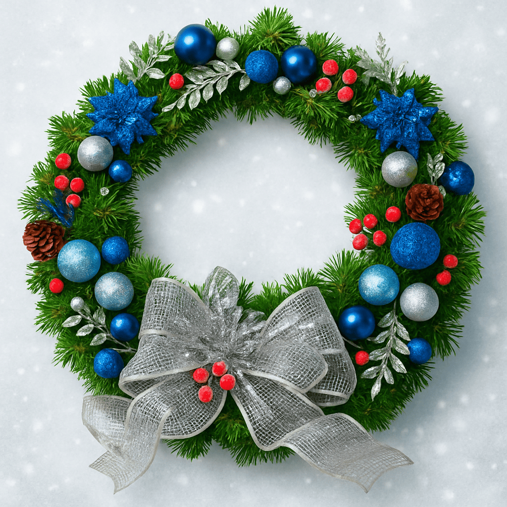 A wreath with black and silver decorations and a silver bow.