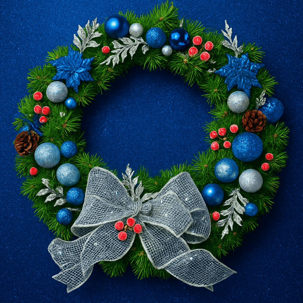 A wreath with blue and silver bulbs, red berries, and a silver bowl.
