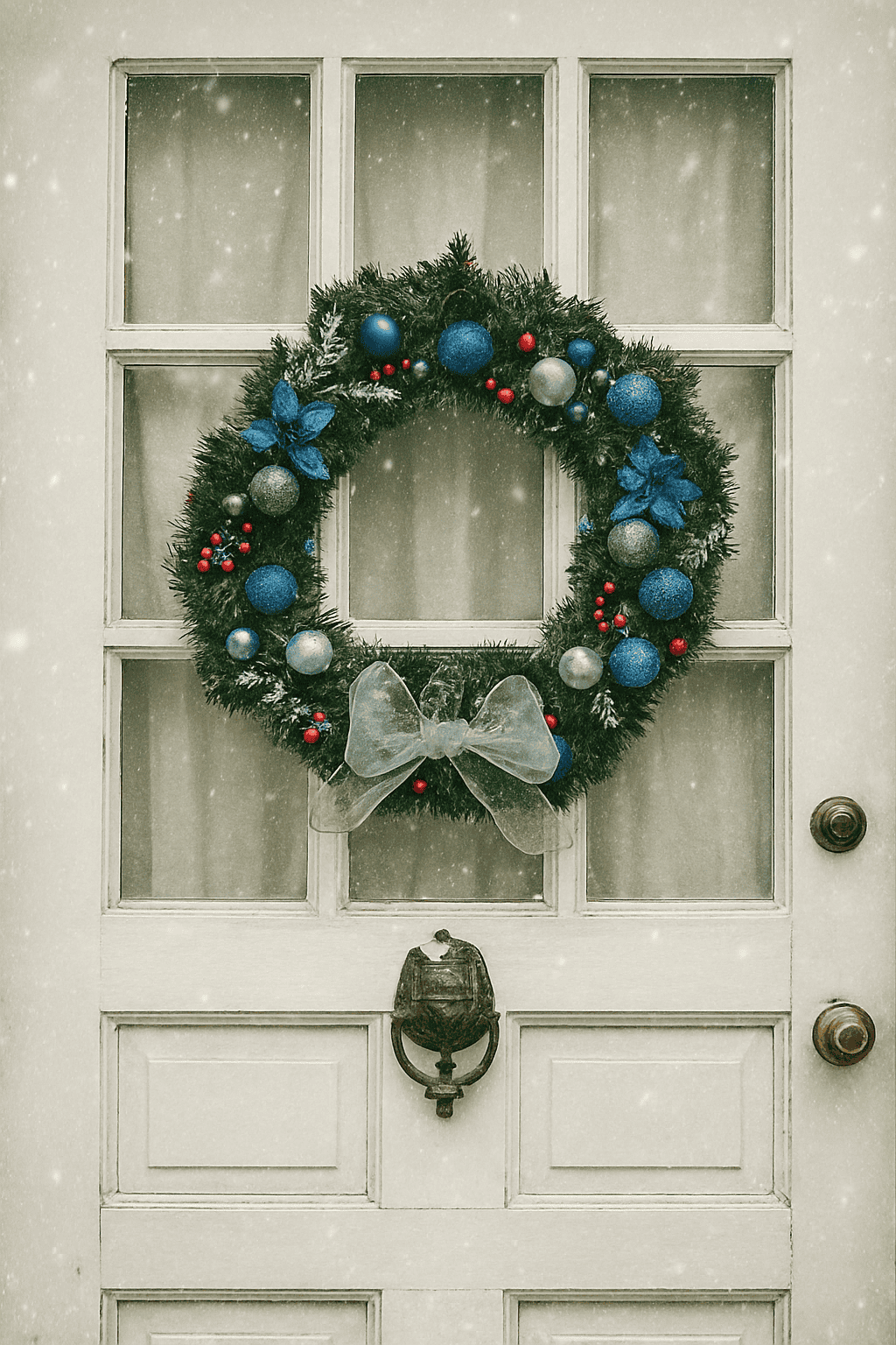 A wreath with blue and silver decorations handing on a door.