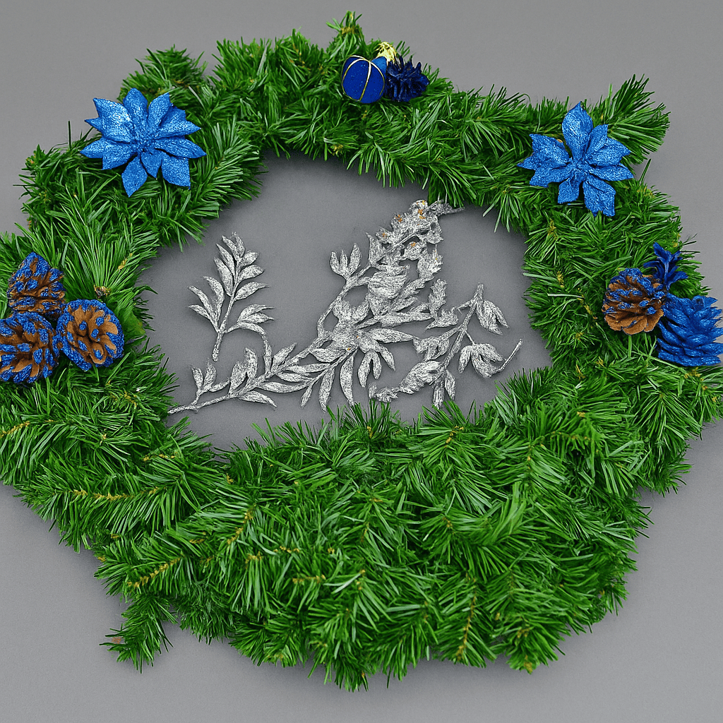 A wreath with a few blue and silver decorations on it. It's in process of being made.
