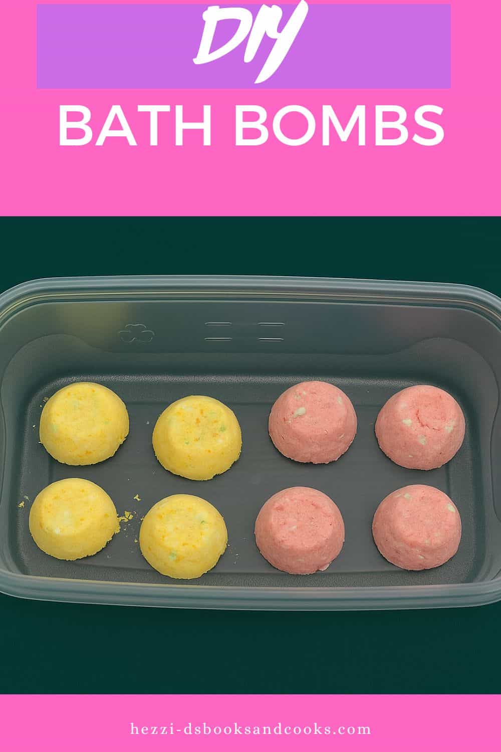 Pin Image: Title, Bath bombs in a container.