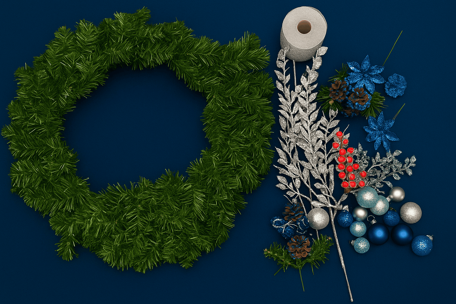 A blank wreath with decorations and ribbon beside it.