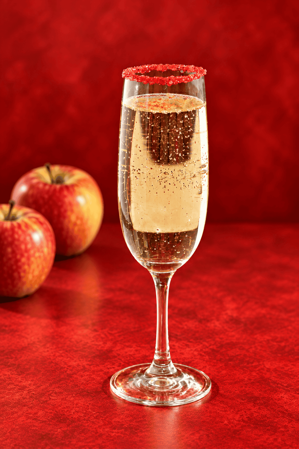A glass of champagne with a red rim and 2 apples in the background.
