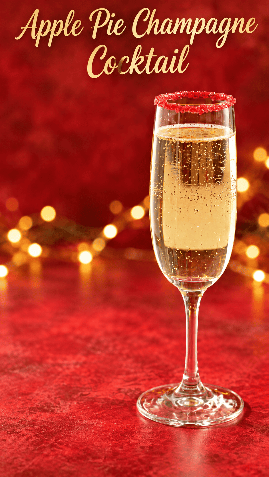 Pin IMage: Title, A champagne glass with twinkle lights in the back.