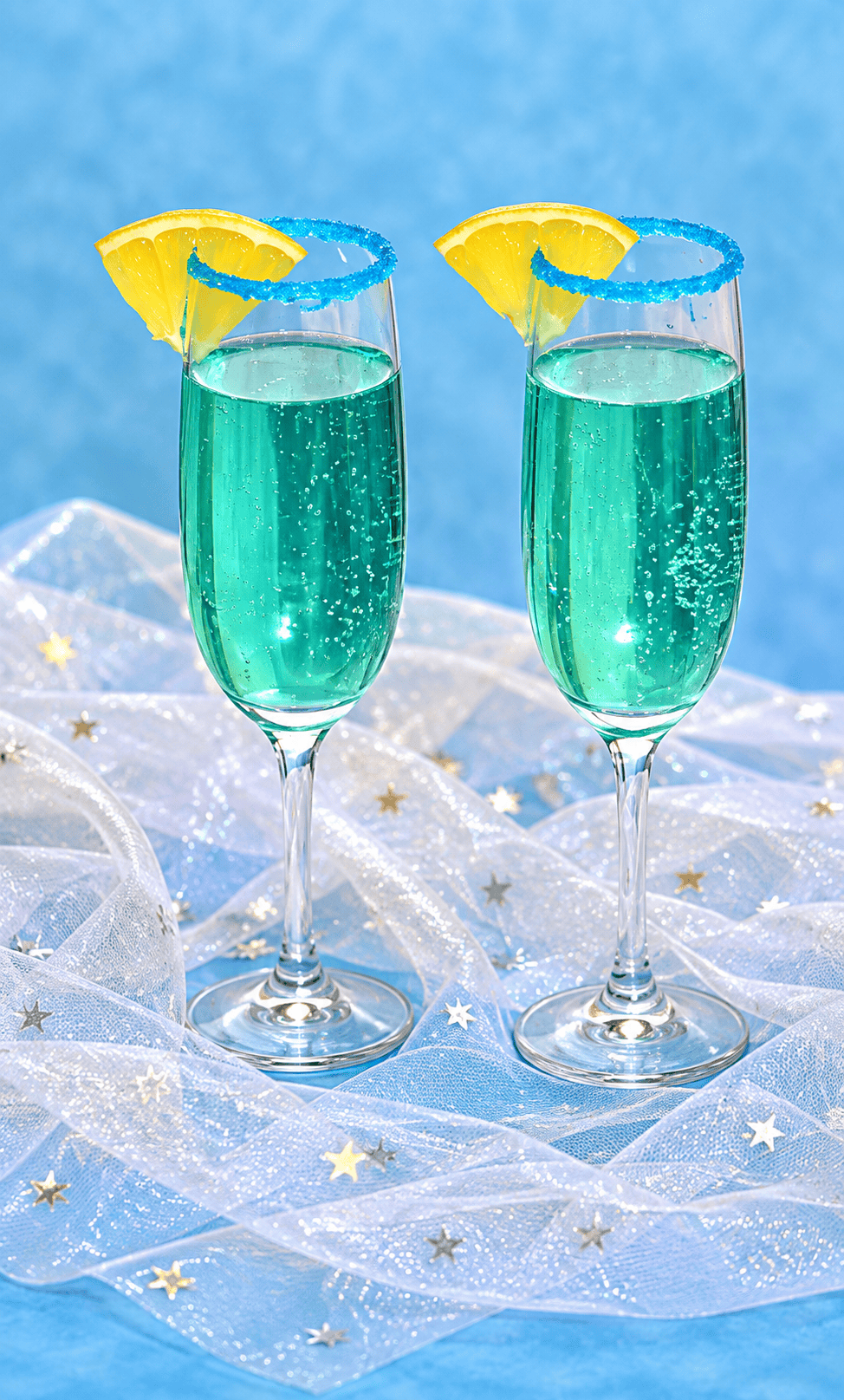 Two champagne glasses with a blue cocktail in the and an orange wedge on the rim.