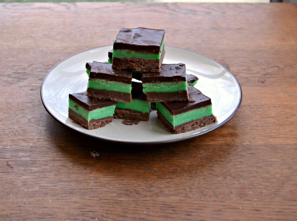 Chocolate Mint FUdge has a layer of peppermint fudge sandwiched between two layers of chocolate