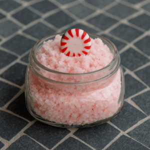 A jar of peppermint sugar scrub with a peppermint candy in it.