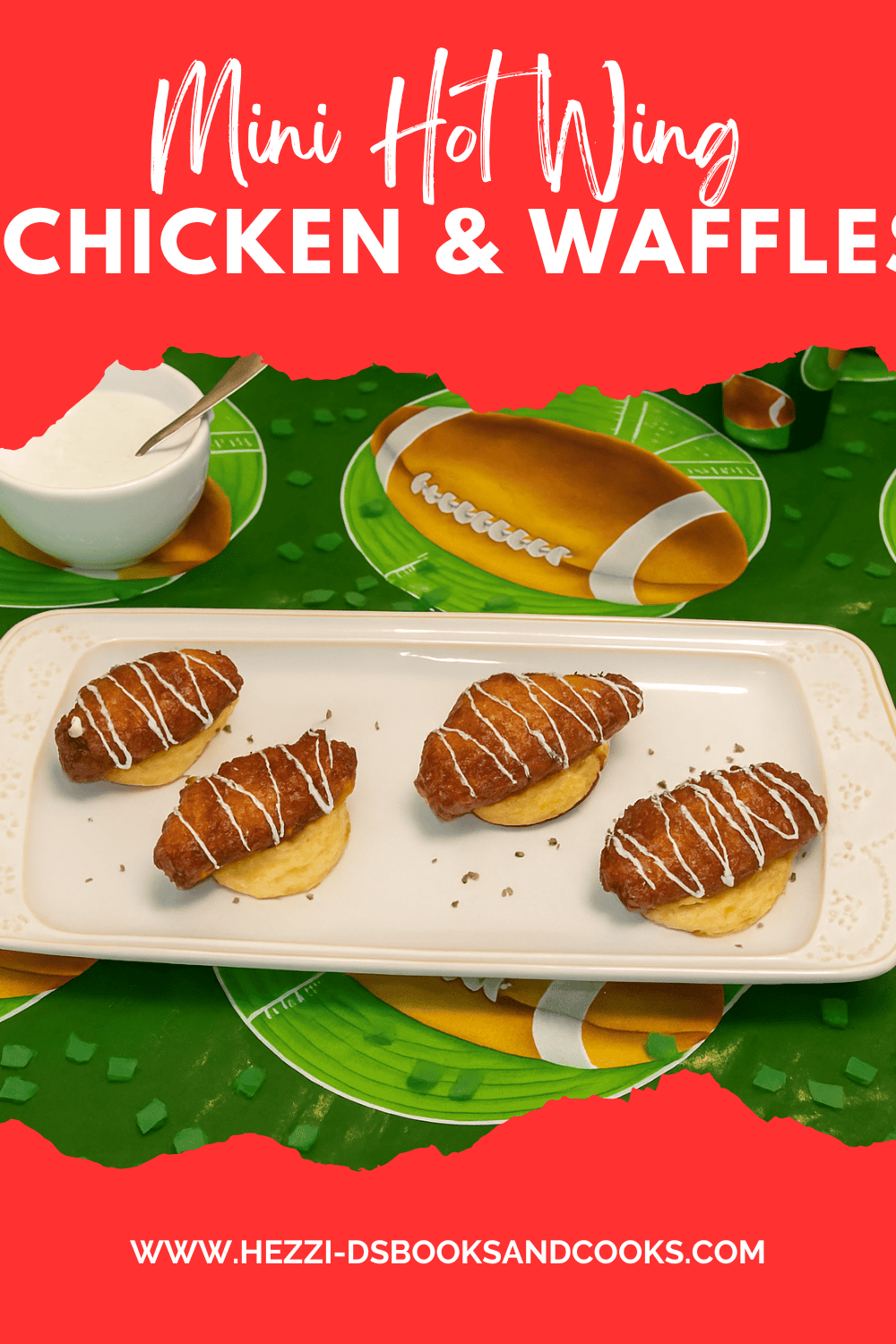 Pin Image: Title, a platter with mini waffles with wings on top and a bowl of ranch dressing in the background.