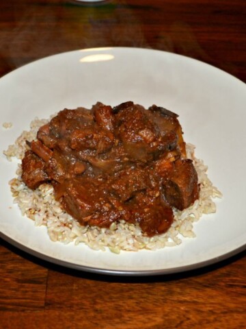 Delicious and tender Beef Marsala Stew served over rice