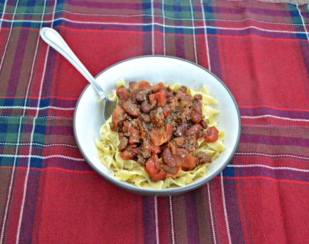 Delicious Tres Carne Fire Roasted Chili over top of Egg Noodles