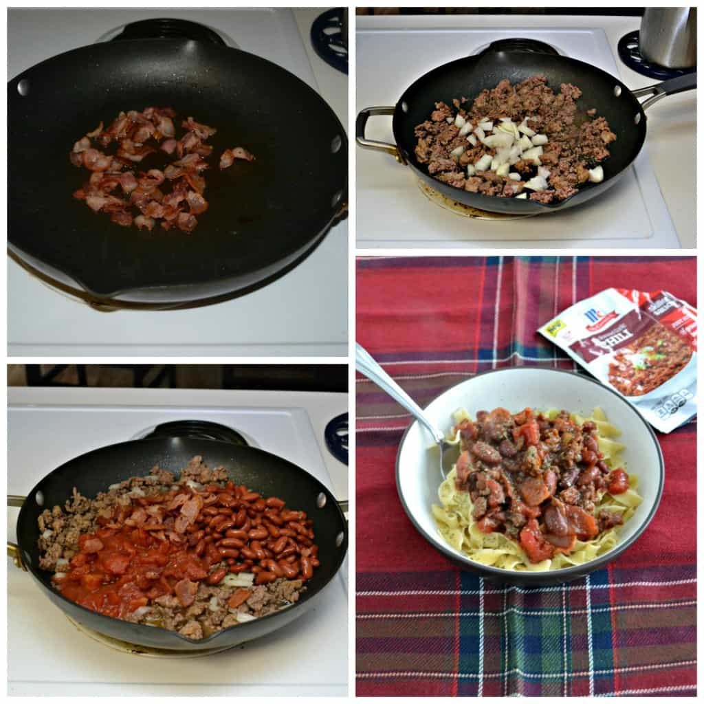 Tres Carne Chili with bacon, sausage, and ground beef using McCormick Skillet Sauce