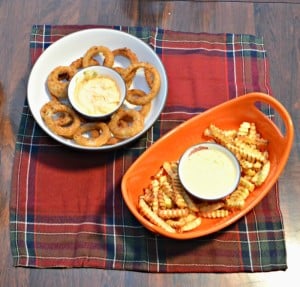 Fries with Jalapeno Cheddar Dip and Onion Rings with Sriracha Mayo