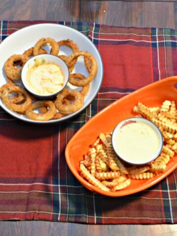 Fries with Jalapeno Cheddar Dip and Onion Rings with Sriracha Mayo