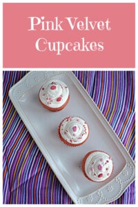 Pin Image: Text title, a platter with three pink velvet cupcakes on it.