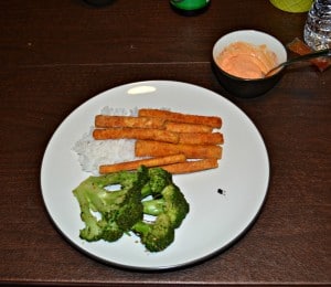 Delicious crispy tofu fries served with soy broccoli steaks served over rice