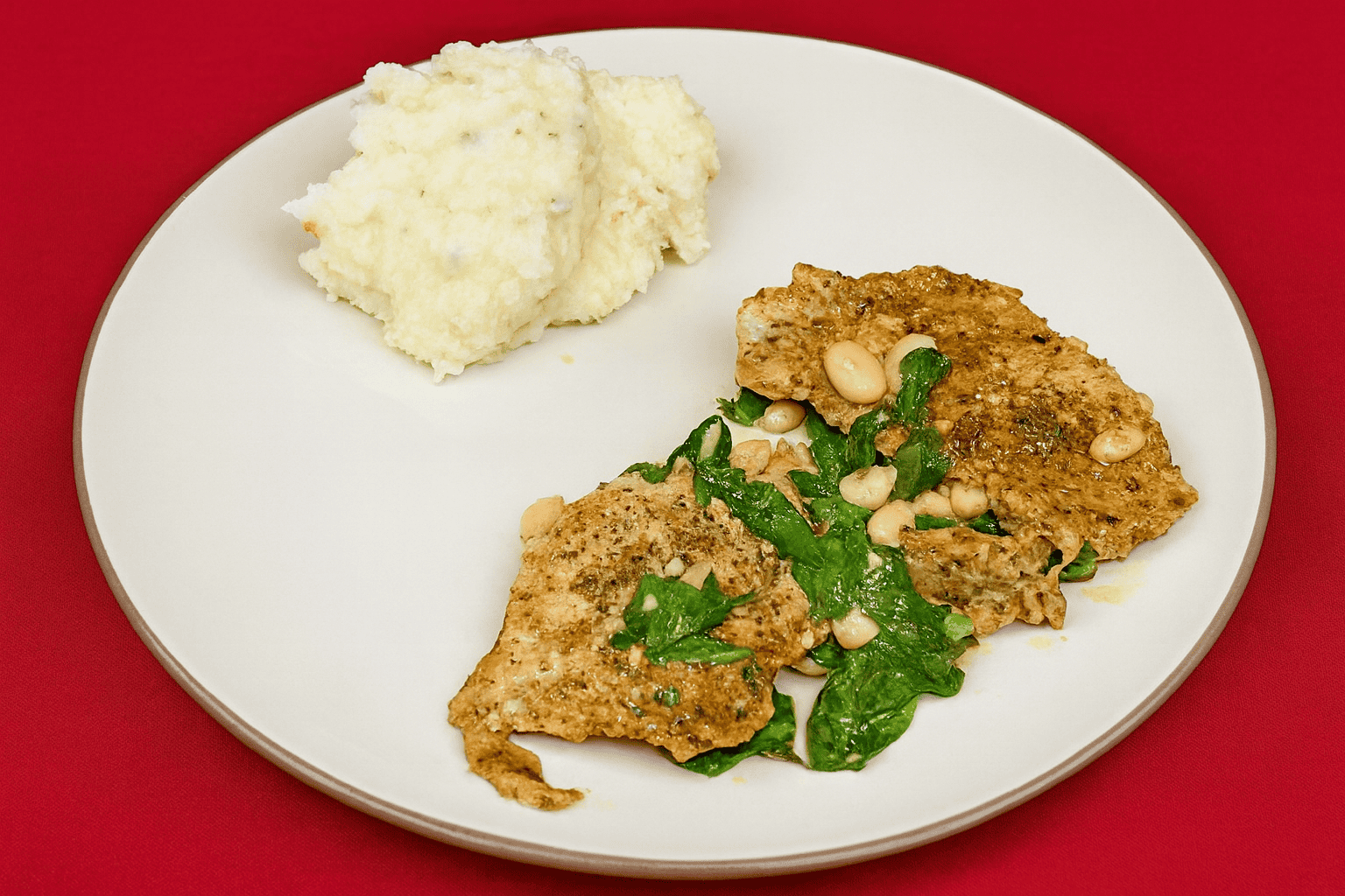 A plate with pork chops, spinach, and beans on it.